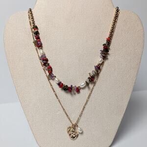 8 Other Reasons Double Layer Gold Tone Necklace Cameo Heart Charm Pearl Beaded